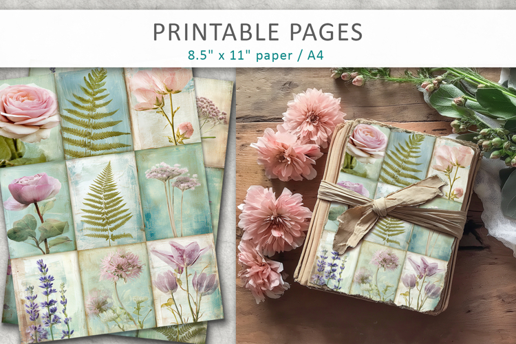 vintage botanical collage paper, junk journal floral pages