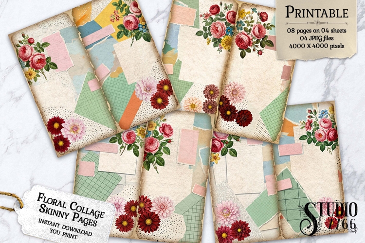 Floral Collage Skinny Junk Journal Pages