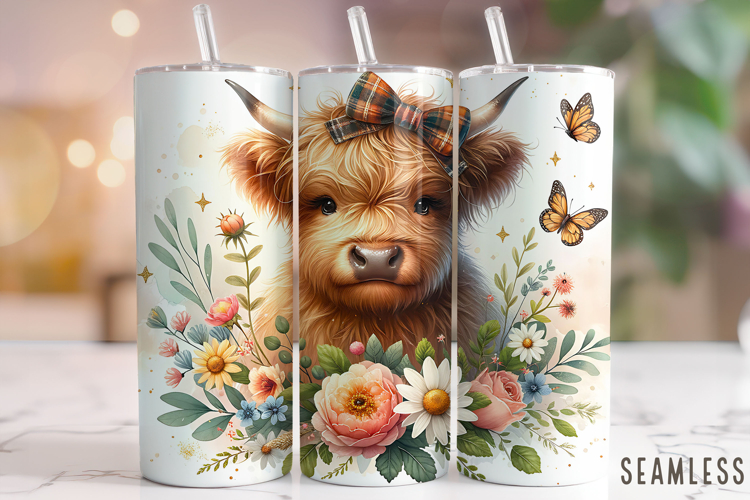 Floral Highland Cow Tumbler Wrap, Cute Highland Cow Tumbler