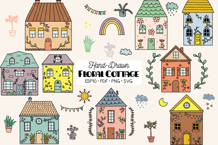 Floral Cottage Color Doodles, Home, House, Flower, Plants
