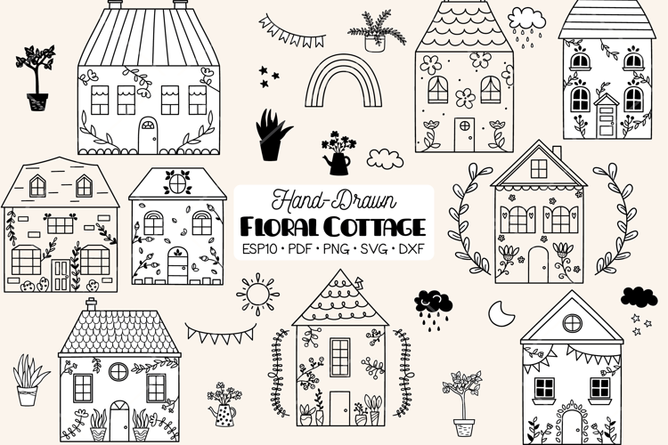 Floral Cottage Doodles, Home, Nature, House, Flower, Plants