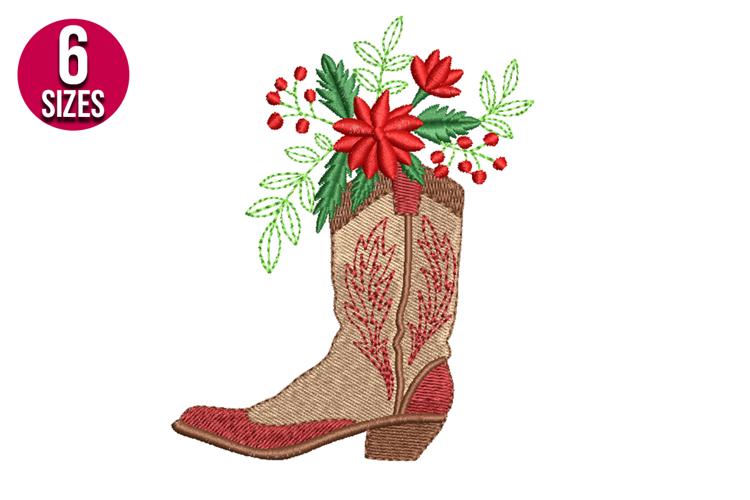 Christmas Floral Cowgirl Boot Machine Embroidery Design