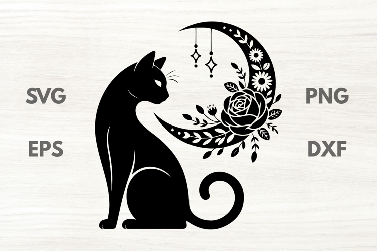 Black Cat with Floral Decorative Moon SVG