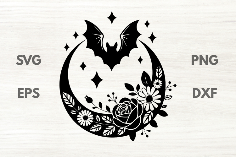 Floral Rose Moon with Bat SVG