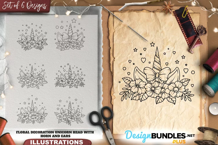 Floral Decoration Unicorn Head With Horn Illustrations