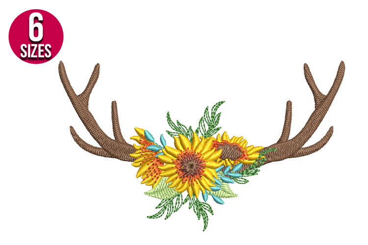 Floral Deer Antlers with Sunflowers Embroidery Design example image 1