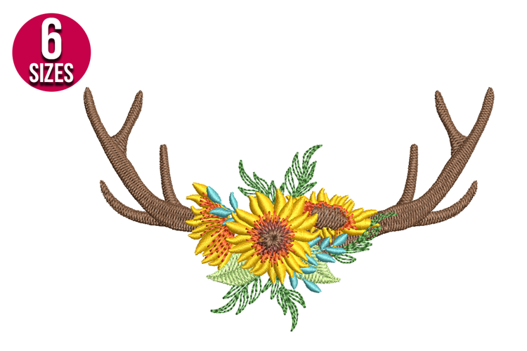 Floral Deer Antlers with Sunflowers Embroidery Design