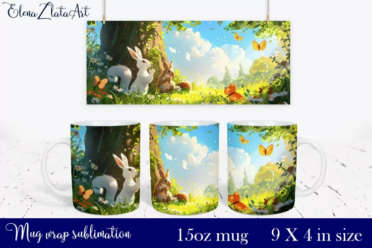 Watercolor bunny and squirrel Mug Sublimation, Design Mug