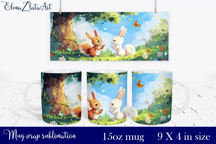 Watercolor bunny and squirrel Mug Sublimation, Design Mug