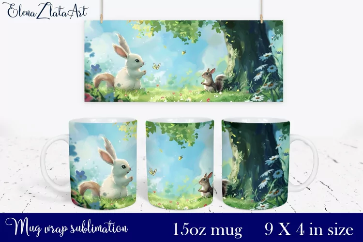 Watercolor bunny and squirrel Mug Sublimation, Design Mug