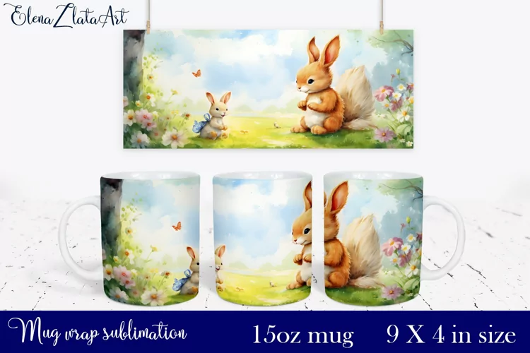 Watercolor bunny and squirrel Mug Sublimation, Design Mug