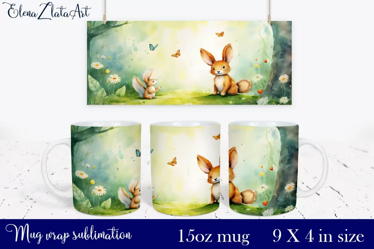 Watercolor bunny and squirrel Mug Sublimation, Design Mug