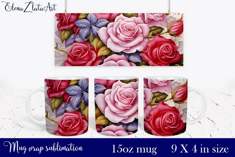 Roses Mug Sublimation | Watercolor Flowers Mug Wrap