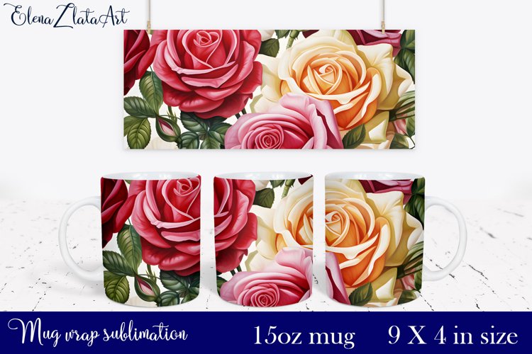 Roses Mug Sublimation | Watercolor Flowers Mug Wrap