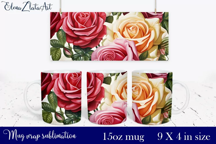 Roses Mug Sublimation | Watercolor Flowers Mug Wrap