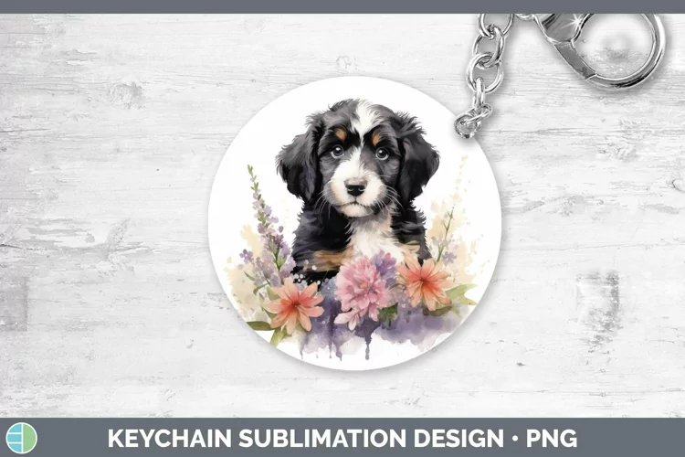 Floral Dog Bernedoodle Dog Keychain Sublimation Keyring Desi
