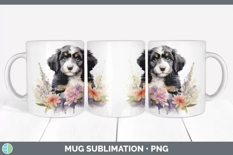 Floral Dog Bernedoodle Dog Mug Wrap Sublimation Coffee Cup D