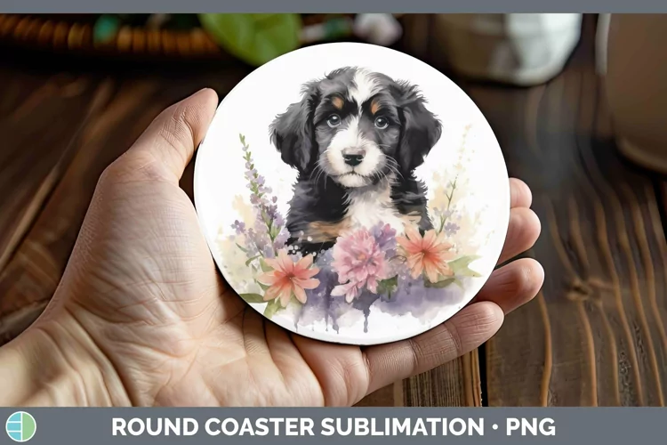 Floral Dog Bernedoodle Dog Round Coaster Sublimation Coaster