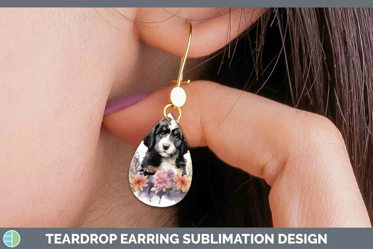 Floral Dog Bernedoodle Dog Teardrop Earrings Sublimation Ear