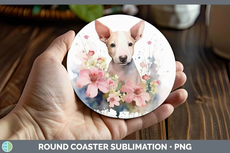 Floral Dog Bull Terrier Dog Round Coaster Sublimation Coaste