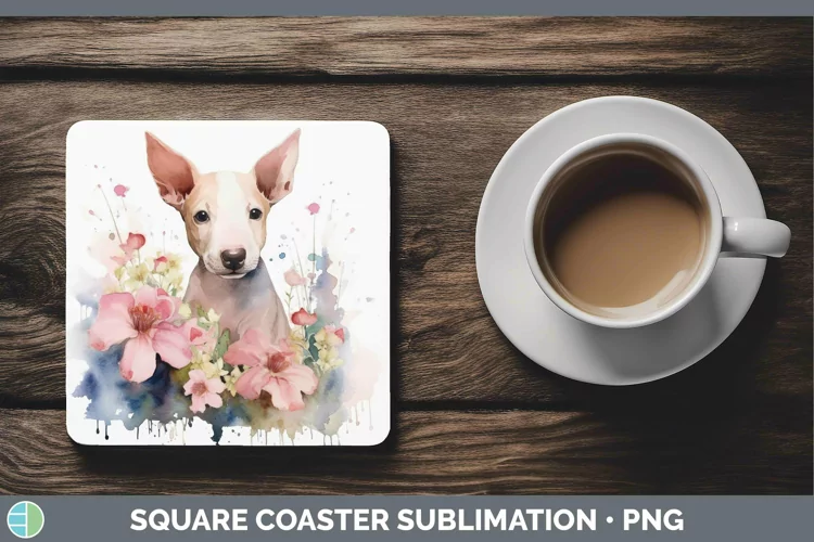 Floral Dog Bull Terrier Dog Square Coaster Sublimation Coast