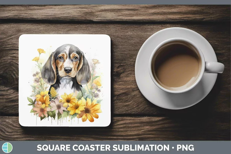 Floral Dog English Coonhound Dog Square Coaster Sublimation