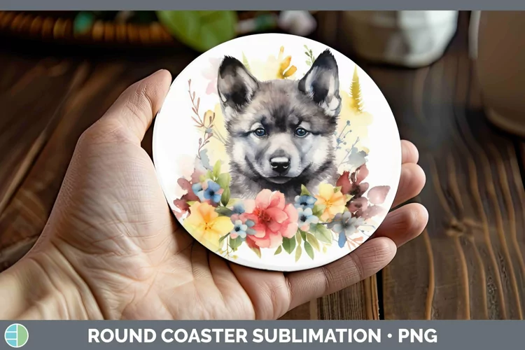 Floral Dog Norwegian Elkhound Dog Round Coaster Sublimation