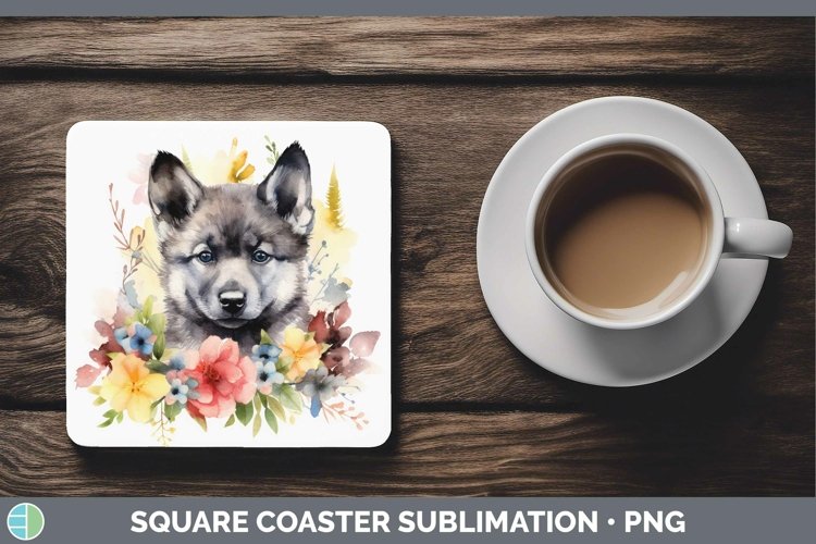 Floral Dog Norwegian Elkhound Dog Square Coaster Sublimation