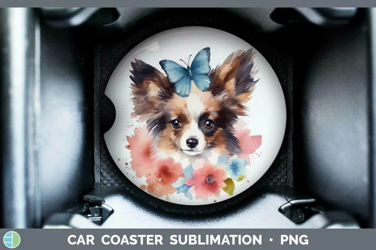 Floral Dog Papillon Dog Car Coaster Sublimation Coaster Desi