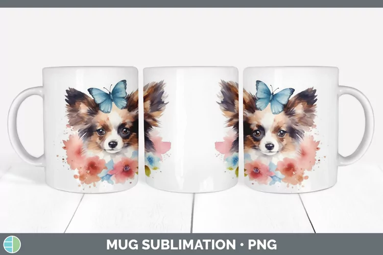 Floral Dog Papillon Dog Mug Wrap Sublimation Coffee Cup Desi