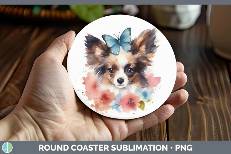 Floral Dog Papillon Dog Round Coaster Sublimation Coaster De