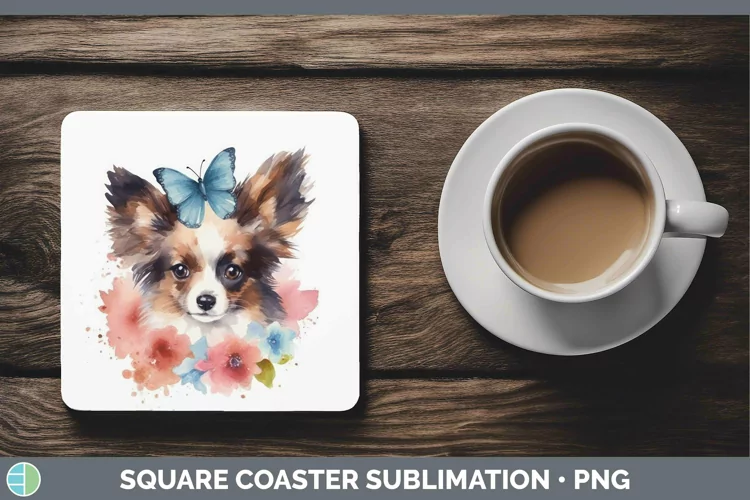 Floral Dog Papillon Dog Square Coaster Sublimation Coaster D