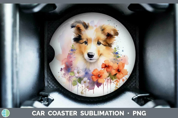 Floral Dog Rough Collie Car Coaster Sublimation Coaster Desi