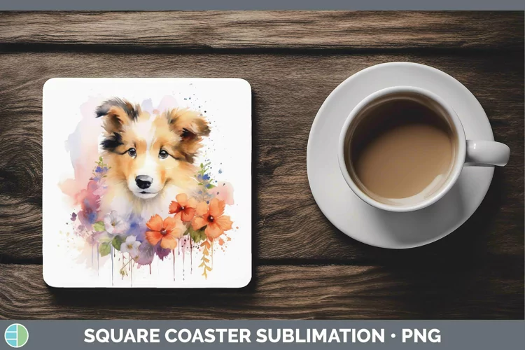 Floral Dog Rough Collie Square Coaster Sublimation Coaster D