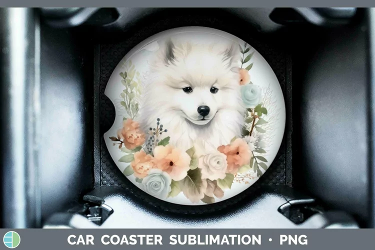Floral Dog Samoyed Dog Car Coaster Sublimation Coaster Desig