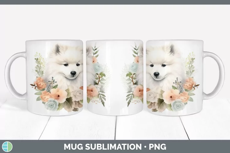 Floral Dog Samoyed Dog Mug Wrap Sublimation Coffee Cup Desig