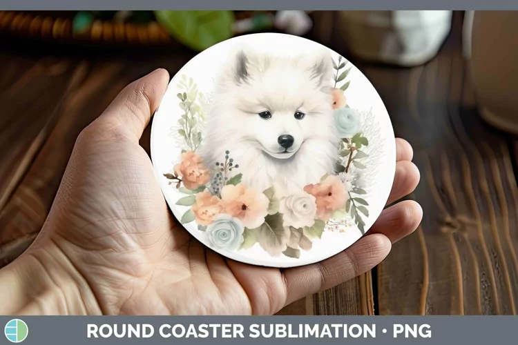 Floral Dog Samoyed Dog Round Coaster Sublimation Coaster Des