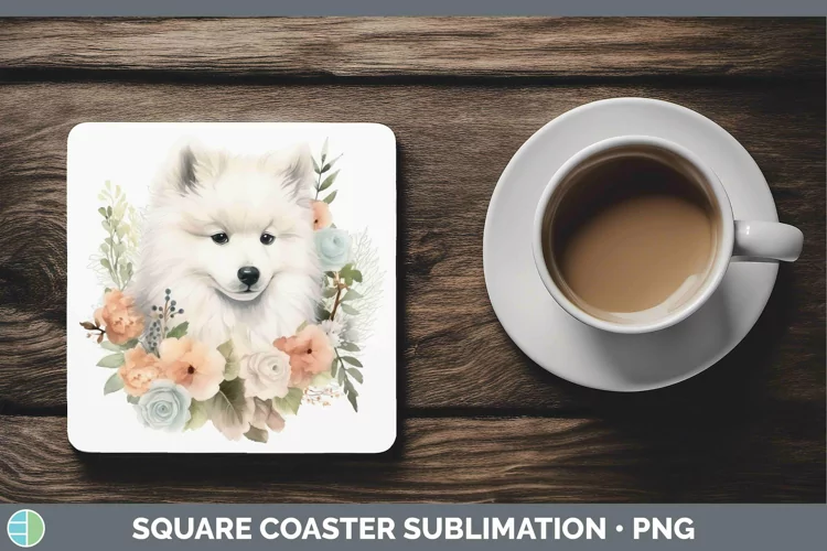 Floral Dog Samoyed Dog Square Coaster Sublimation Coaster De