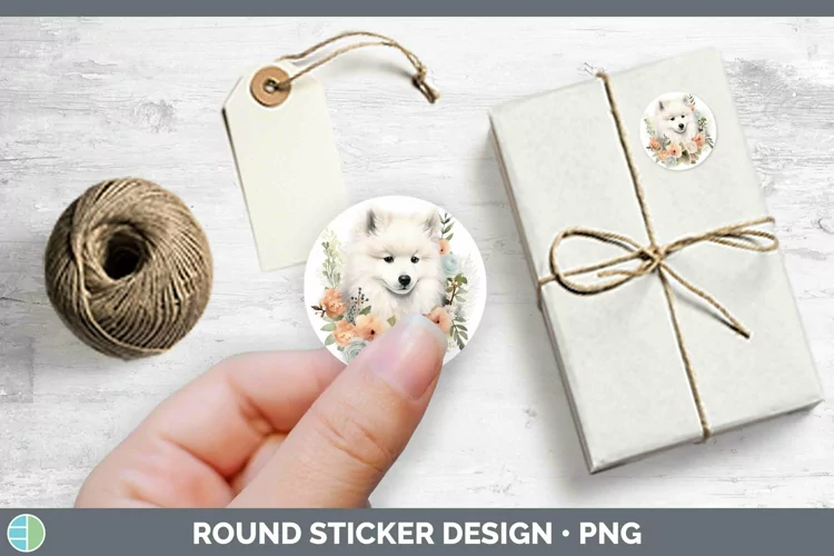 Floral Dog Samoyed Dog Stickers | Round Labels Designs