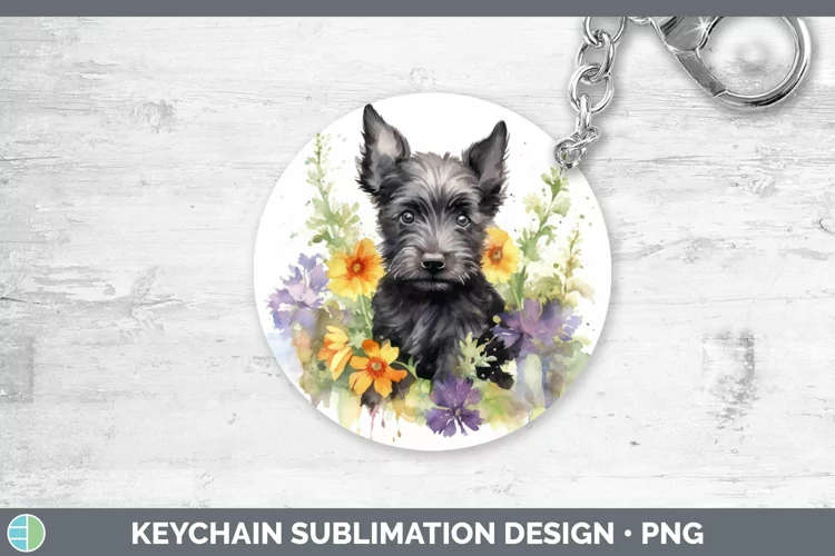 Floral Dog Scottish Terrier Dog Keychain Sublimation Keyring