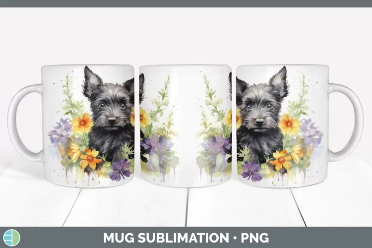 Floral Dog Scottish Terrier Dog Mug Wrap Sublimation Coffee