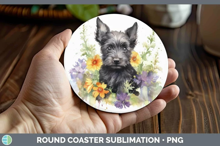 Floral Dog Scottish Terrier Dog Round Coaster Sublimation Co