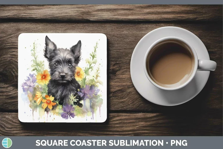 Floral Dog Scottish Terrier Dog Square Coaster Sublimation C