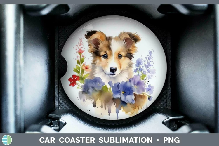Floral Dog Shetland Sheepdog Car Coaster Sublimation Coaster