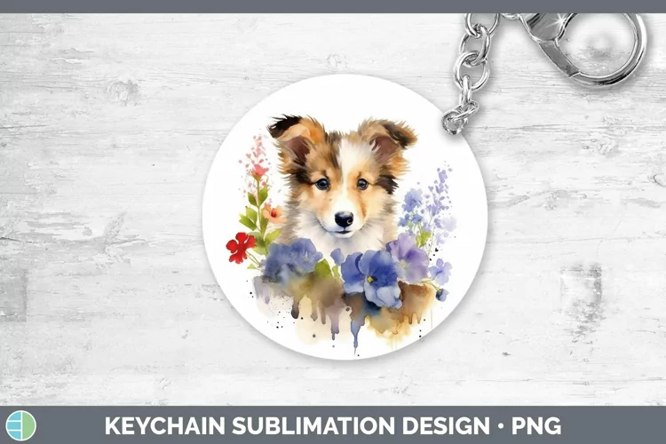 Floral Dog Shetland Sheepdog Keychain Sublimation Keyring De