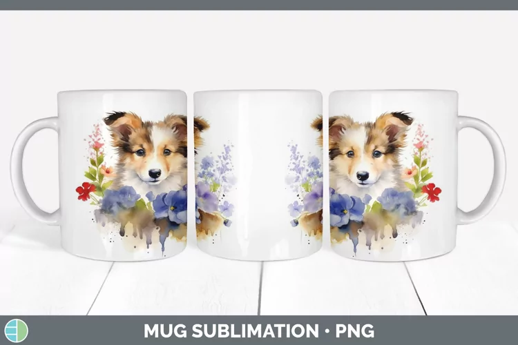 Floral Dog Shetland Sheepdog Mug Wrap Sublimation Coffee Cup