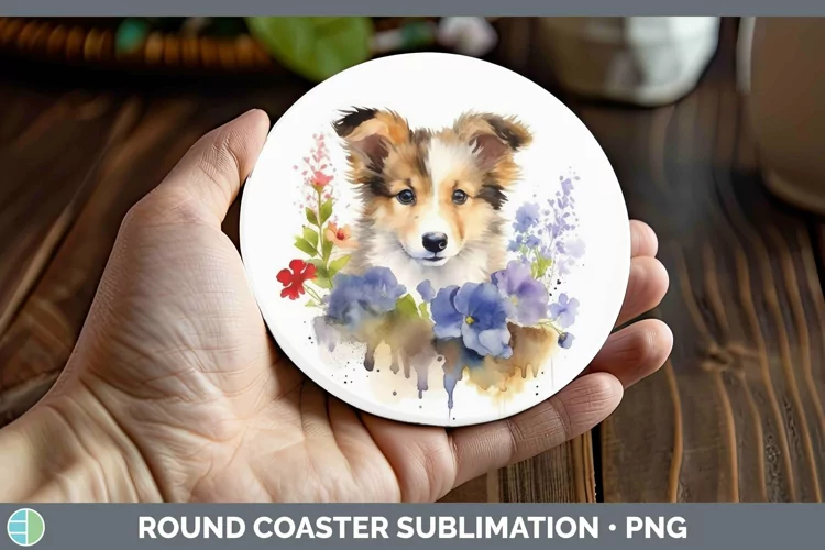 Floral Dog Shetland Sheepdog Round Coaster Sublimation Coast