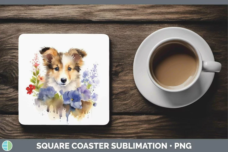 Floral Dog Shetland Sheepdog Square Coaster Sublimation Coas