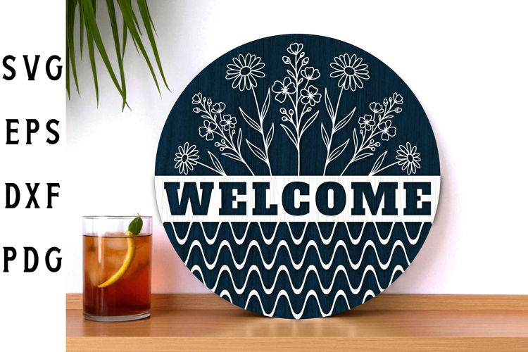 Floral Welcome Sign Laser Cut, Round Door SVG