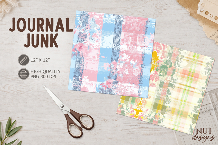 Shabby Floral Plaid Journal junk Pink Summer digital paper